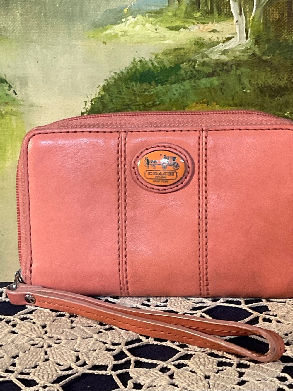 COACH Coral Pink Leather Wristlet Clutch